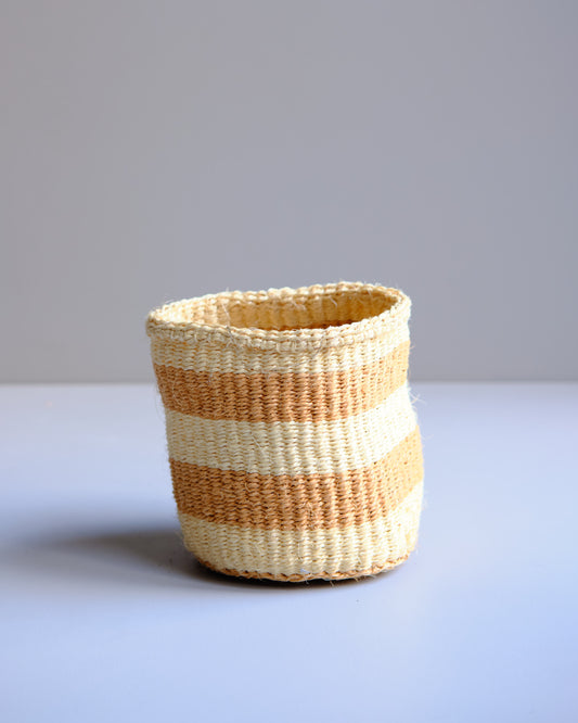 Hand woven Kenyan Sisal basket, striped horizontal warm neutral colours